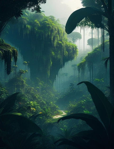 Uma paisagem surreal criada por IA de uma selva misteriosa com uma pitada do futuro