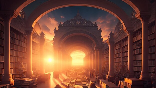 Uma paisagem surreal de uma biblioteca repleta de livros de filosofia com o sol se pondo ao fundo