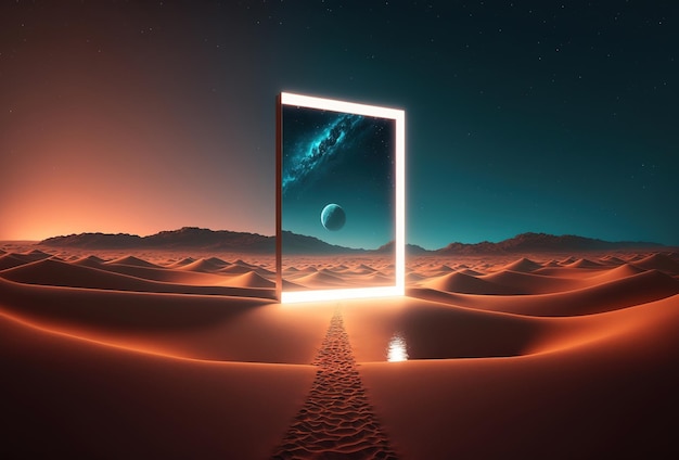 Uma paisagem surreal do deserto à noite Dunas de areia abstratas refletidas em um espelho quadrado Luz de neon amarela céu estrelado Uma porta de entrada para um mundo paralelo Uma realidade imersiva Renderização em 3D gerada por IA