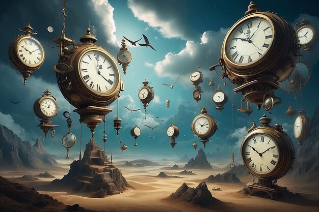 Uma paisagem surrealista com relógios voadores e relógios