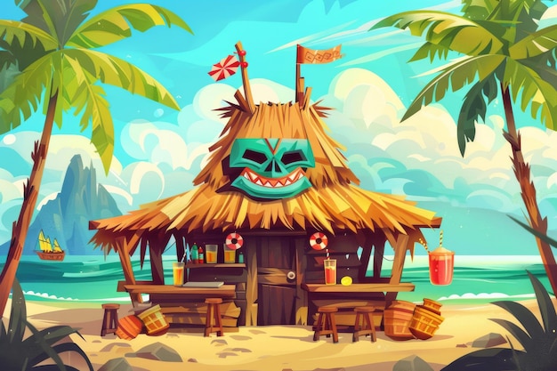 Uma paisagem tropical de desenho animado moderno com palmeiras marinhas bebidas e lanches em uma praia de verão Paisagem tropical com um bar tiki uma cabana de madeira com máscaras tribais e um bar com coquetéis Férias