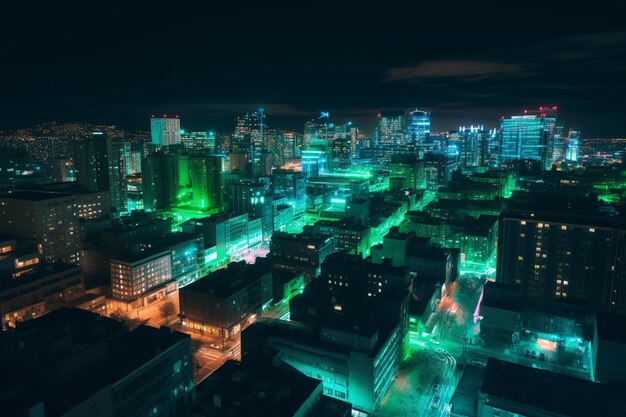 Uma paisagem urbana à noite com uma luz verde.