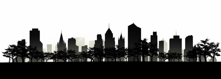 Foto uma paisagem urbana abstrata com árvores e pássaros voando sobre ela
