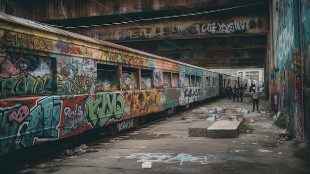 Uma paisagem urbana arenosa adornada com grafites coloridos