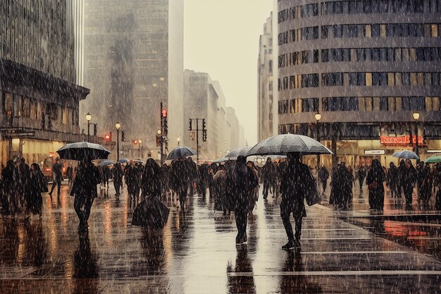 uma paisagem urbana chuvosa com pessoas correndo AI gerado