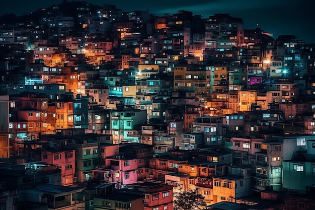 Foto uma paisagem urbana colorida à noite com luzes coloridas.