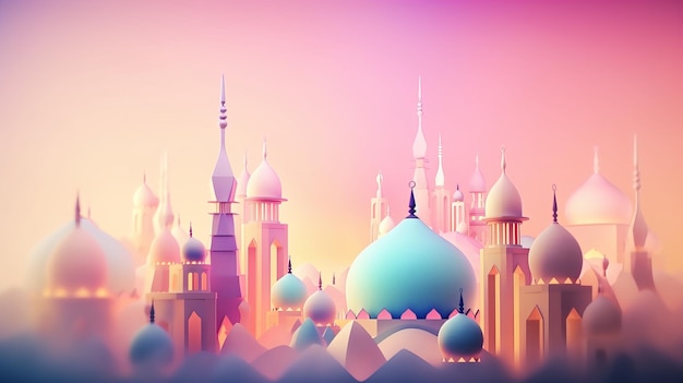 Uma paisagem urbana colorida com uma mesquita no meio.