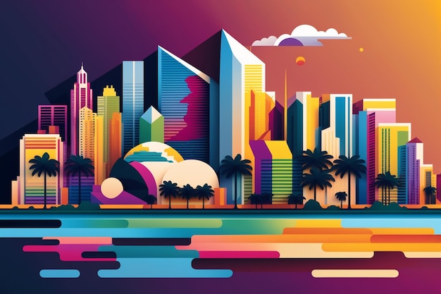 uma paisagem urbana colorida com uma praia e palmeiras em primeiro plano IA generativa