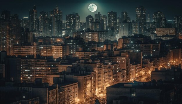 Uma paisagem urbana com lua cheia no céu