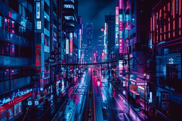 Uma paisagem urbana com luzes de néon e edifícios que dizem Kaiju sobre eles