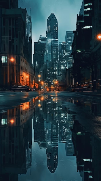 uma paisagem urbana com o reflexo de um edifício na água.