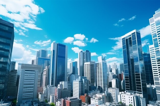 Uma paisagem urbana com um céu azul e nuvens.