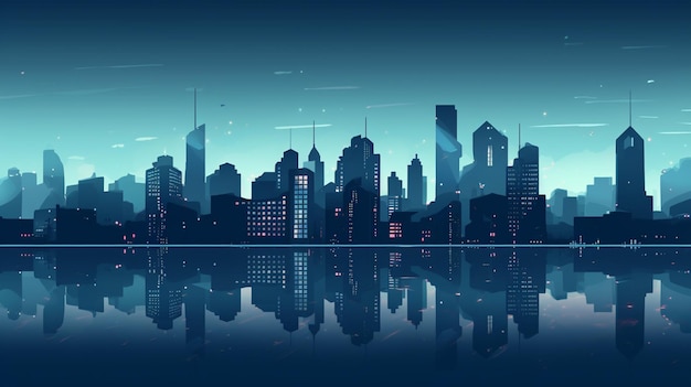 Uma paisagem urbana com um céu azul e o reflexo da cidade.