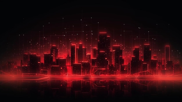 Uma paisagem urbana com um fundo digital de néon de luz vermelha