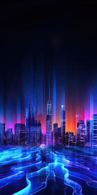 Uma paisagem urbana com uma cidade neon ao fundo