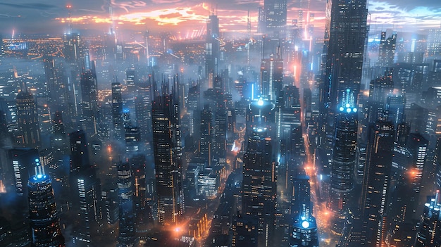 uma paisagem urbana com uma confusão de luzes da cidade e uma cidade no fundoCyberpunk estilo cidade cidade futura