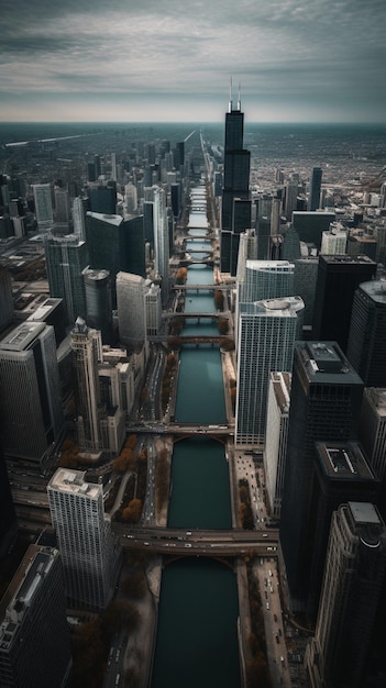 Uma paisagem urbana com uma ponte e a cidade abaixo dela