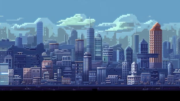 Foto uma paisagem urbana de pixel art com uma paisagem urbana ao fundo.