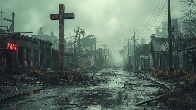 Foto uma paisagem urbana em ruínas com um papel de parede de cruz vazia