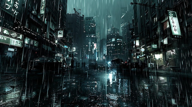 Uma paisagem urbana escura e chuvosa A rua está molhada e reflete as luzes da cidade