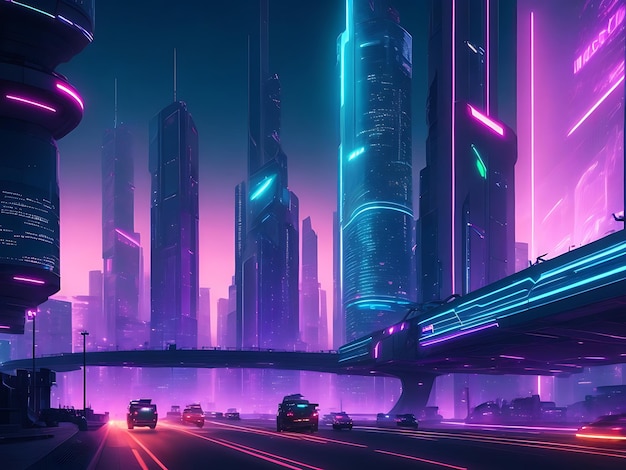 uma paisagem urbana futurista à noite com arranha-céus holográficos iluminados por neon de fundo