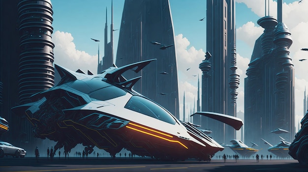 Uma paisagem urbana futurista com arranha-céus e carros voadores