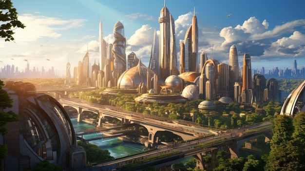 uma paisagem urbana futurista com arranha-céus modernos contra a arquitetura tradicional da Indonésia