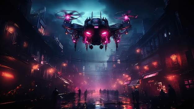 Uma paisagem urbana futurista com drones voando com luzes neon