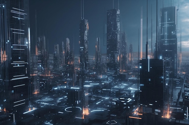 Uma paisagem urbana futurista com tecnologia avançada de comunicação e mídia