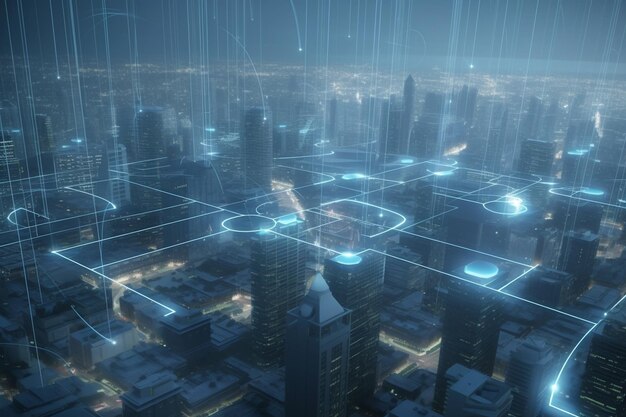 Uma paisagem urbana futurista com tecnologia avançada de comunicação e rede