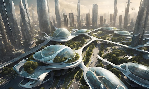 uma paisagem urbana futurista com tecnologias avançadas