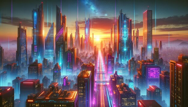 Uma paisagem urbana futurista de tirar o fôlego ao amanhecer, com luzes de néon e arranha-céus imponentes, retrata uma metrópole de alta tecnologia pulsando com energia e tecnologia avançada