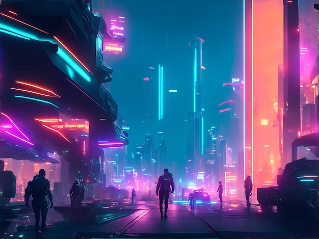 Uma paisagem urbana futurista movimentada com luzes de néon brilhantes