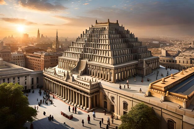 Uma paisagem urbana mítica inspirada em civilizações antigas com pirâmides imponentes
