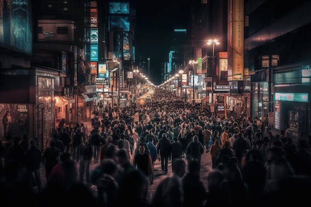 Uma paisagem urbana movimentada capturada em uma foto de longa exposição com multidões de pessoas visíveis durante a noite Generative AI