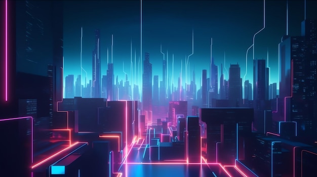 Uma paisagem urbana neon com uma luz neon e uma paisagem urbana ao fundo.