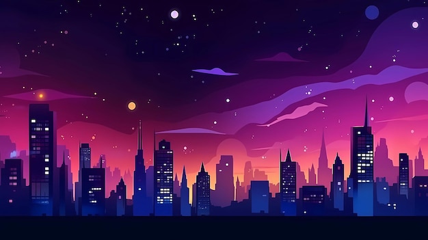 Uma paisagem urbana roxa com um céu roxo e um OVNI ao fundo.