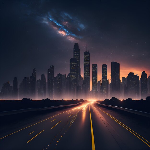 Uma paisagem urbana vibrante à noite com o brilho dos faróis na estrada