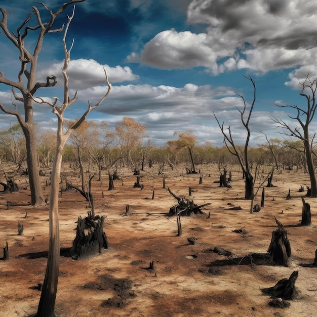 Uma paisagem vasta e desolada com solo rachado e árvores mortas causaram mudanças climáticas