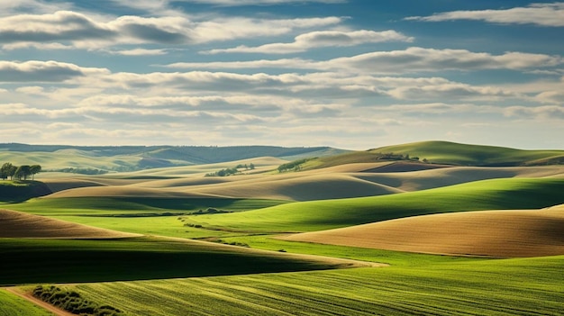 uma paisagem verde com colinas onduladas e uma paisagem ondulada.