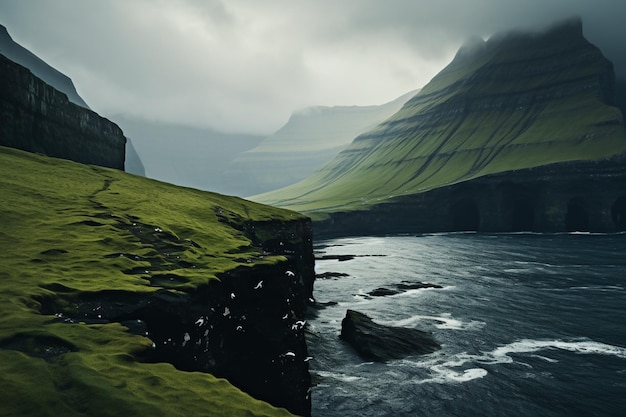 Uma paisagem verde com um penhasco verde e gaivotas voando ao fundo.