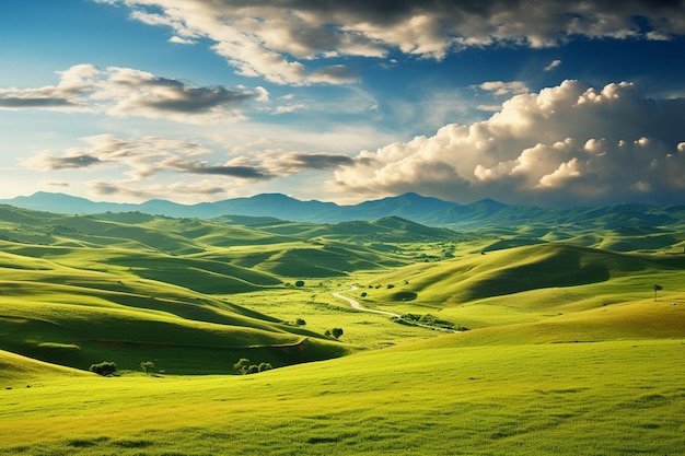 Foto uma paisagem verde com uma estrada atravessando o vale