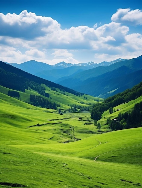 uma paisagem verde com uma estrada nas montanhas