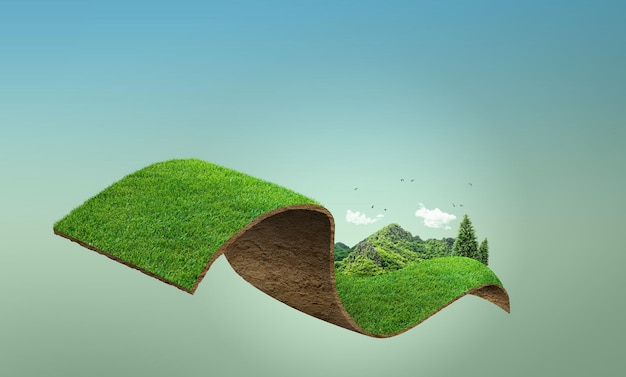 Uma paisagem verde com uma grama verde e uma montanha ao fundo.