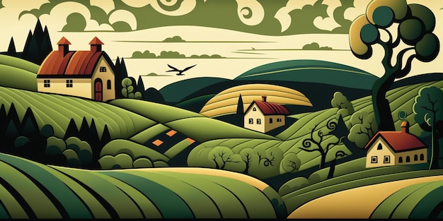 Uma paisagem verde e amarela com uma casa e uma casa na colina.
