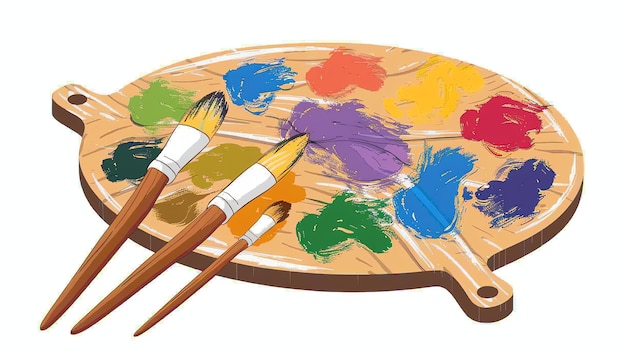 Uma paleta de madeira de artistas com nove cores diferentes de tinta e três pincéis