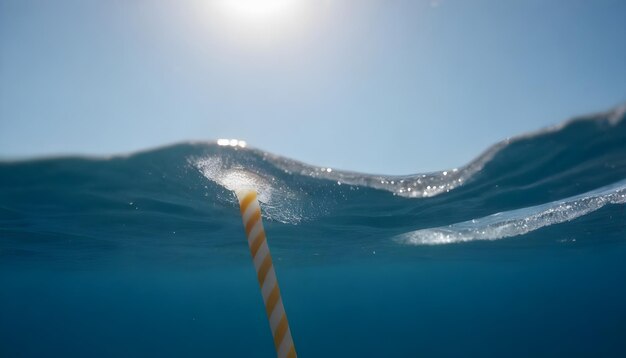 Uma palha de plástico amarela está na água do oceano.