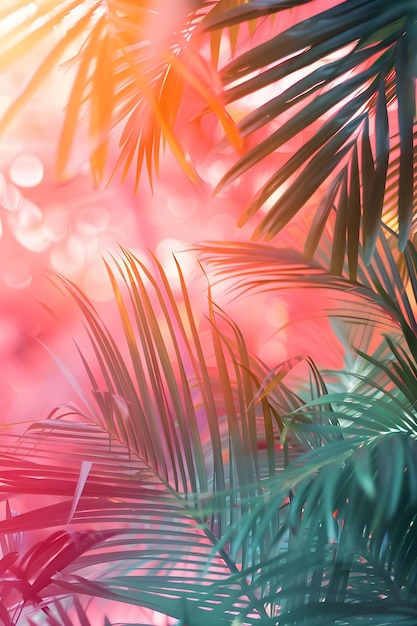 Foto uma palmeira com um fundo colorido e o sol brilhando através dela
