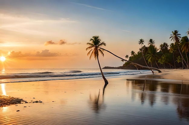 Uma palmeira em uma praia ao pôr do sol