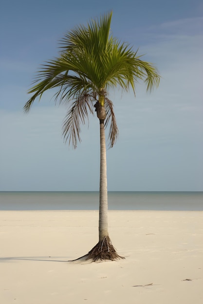 Uma palmeira em uma praia com o oceano ao fundo.
